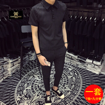 C2潮朝(C2 chao chao) 短袖 男士T恤 條紋九分褲套裝 XL，L，M，XXXL，XXL