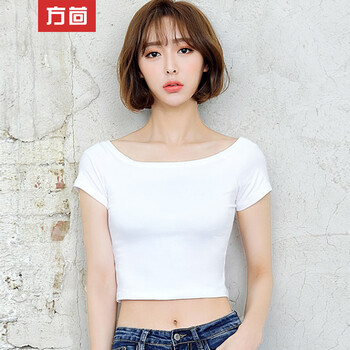 方茴 露臍/腰 短袖 T恤 女 一字領(lǐng)