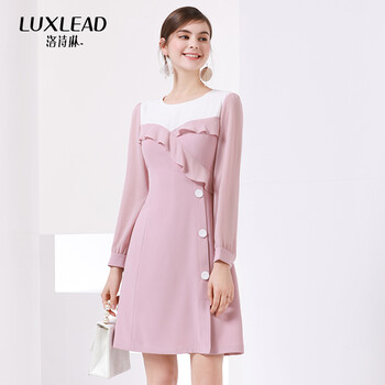 洛詩琳（LUXLEAD）  荷葉邊，不對(duì)稱，拼接，撞色，紐扣 連衣裙
