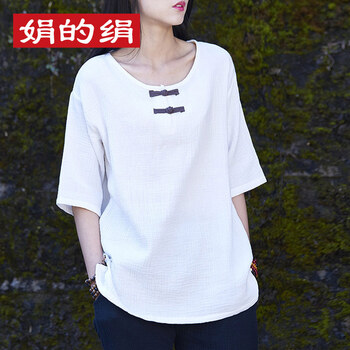 娟的絹 紐扣，褶皺 短袖 T恤 女 圓領(lǐng)