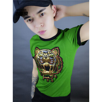 古萊登（GODLIKE） 短袖 男士T恤 綠色亮片貓 S，XL，L，M，XXXL，XXL