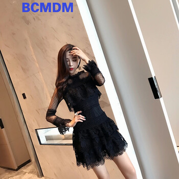 BCMDM 純色 荷葉邊，鏤空，蕾絲 連衣裙
