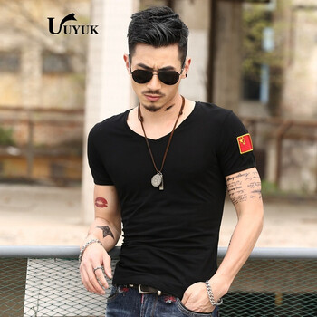 UYUK 短袖 男士T恤 V領(lǐng)左臂黑色 XL，L，XXL，M