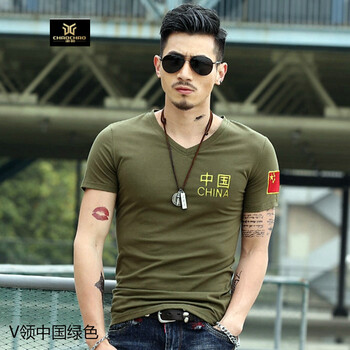 C2潮朝（C2 CHAO CHAO） 短袖 男士T恤 V領(lǐng)中國(guó)綠色 XL，L，XXL，XXXL，M