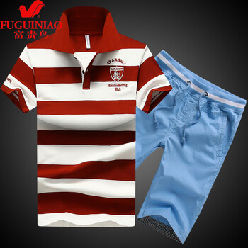 富貴鳥(niǎo) 短袖 男士T恤 紅色條紋+天藍短褲 