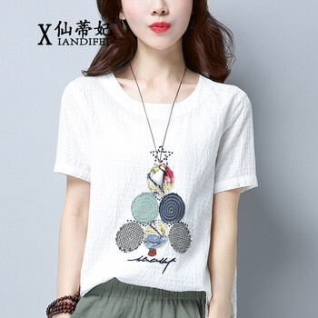 仙蒂妃（xiandifei） 刺繡，拼接，紐扣，貼布 短袖 T恤 女 圓領(lǐng)