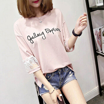 倫奧妮（Lunaoni） 刺繡，拼接，蕾絲 短袖 T恤 女 圓領(lǐng)