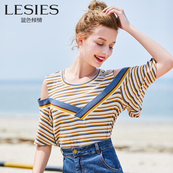 LESIES 條紋，拼接 短袖 T恤 女 圓領(lǐng)