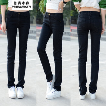依青木森（YIQINMUSEN） 自然腰 直筒褲 女 長褲 牛仔褲