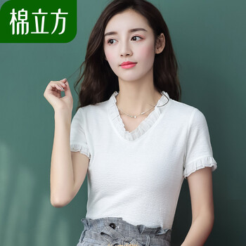 棉立方（MEFOUND） 拼接 短袖 T恤 女 V領(lǐng)