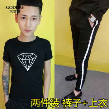 古萊登（GODLIKE） 短袖 男士T恤 兩件裝鉆石黑+一字杠褲 