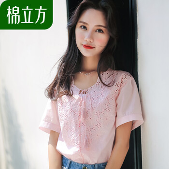 棉立方（MEFOUND） 刺繡，拼接 短袖 T恤 女 V領