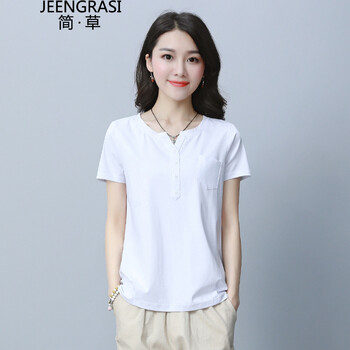 簡(jiǎn)·草（JEENGRASI） 紐扣 短袖 T恤 女 圓領(lǐng)