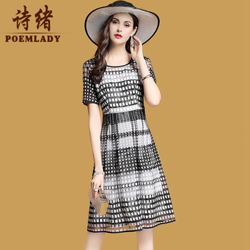 詩緒（POEMLADY） 格紋 拉鏈裝飾，紐扣，褶皺，鏤空，扎花，紗網(wǎng) 連衣裙