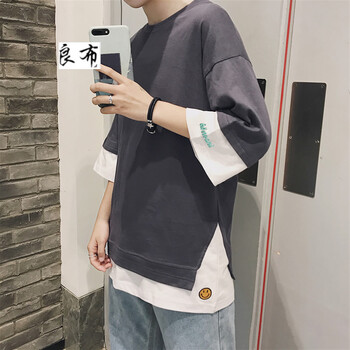 良布 七分袖 男士T恤 深灰色 