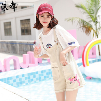 沫都 高腰 背帶褲 女 短褲 牛仔褲