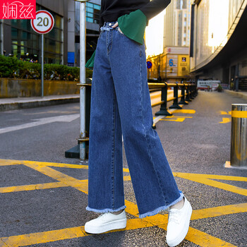 嫻茲 高腰 闊腳褲 女 九分褲 牛仔褲
