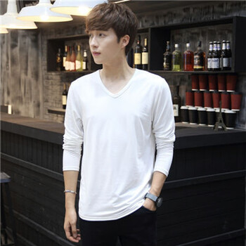 慈姑 長(cháng)袖 男士T恤 白色V領(lǐng) 長(cháng)袖 S