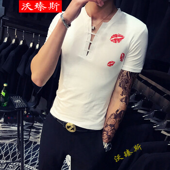 沃臻斯 短袖 男士T恤 口紅白色 XL，L，XXXL，M，XXL