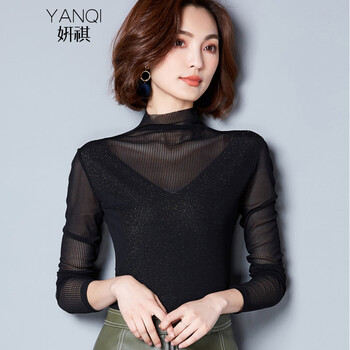 妍祺（YANQI） 拼接，紗網(wǎng)，蕾絲 短袖 T恤 女 圓領(lǐng)