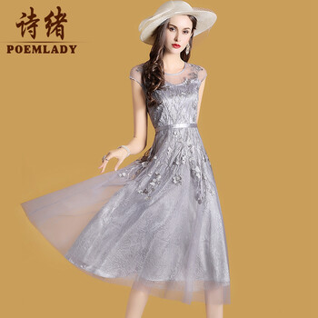 詩緒（POEMLADY） 植物花卉 繡花，刺繡，拼接，紗網(wǎng) 連衣裙