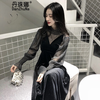 丹珠娜（DanZhuNa） 純色 亮片 連衣裙