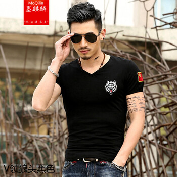 墨麒麟（Mo Qilin） 短袖 男士T恤 V領(lǐng)狼頭黑色 XL，L，M，XXL，XXXL