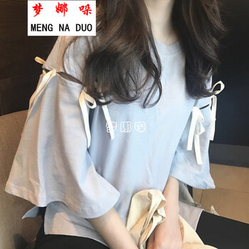 夢(mèng)娜哚（MENGNADUO） 3D，撞色，綁帶 短袖 T恤 女 圓領(lǐng)