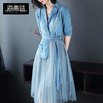 海青藍(lán)（CYANINE SEA） 純色 拼接，紐扣，綁帶，紗網(wǎng) 連衣裙