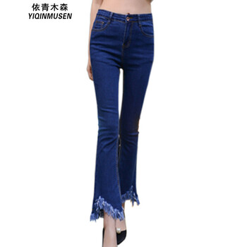 依青木森（YIQINMUSEN） 高腰 喇叭褲 女 九分褲 牛仔褲