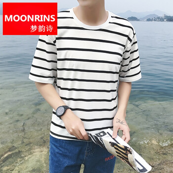 夢韻詩（MOONRINS） 五分袖 男士T恤 白色五分條紋 S