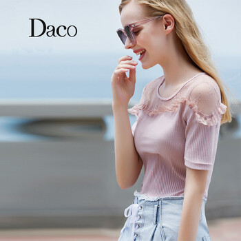 Daco 荷葉邊，拼接，蕾絲 短袖 T恤 女 圓領(lǐng)