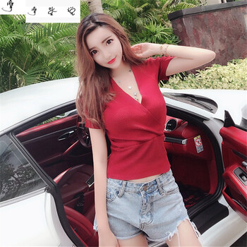 摩登說 拼接 短袖 T恤 女 V領(lǐng)