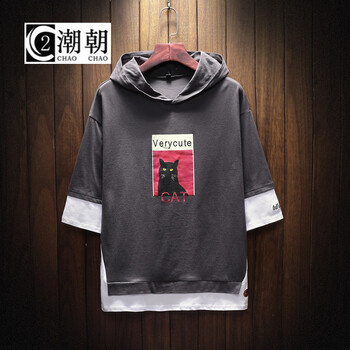 C2潮朝（C2 CHAO CHAO） 七分袖 男士T恤 深灰色 S，XL，L，XXL，XXXL，M