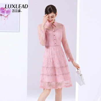 洛詩(shī)琳（LUXLEAD） 純色 紐扣，蕾絲 連衣裙
