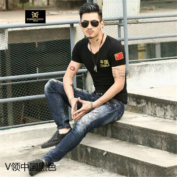C2潮朝（C2 CHAO CHAO） 短袖 男士T恤 V領(lǐng)中國(guó)黑色 XL，L，M，XXL，XXXL