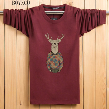 BOYXCO 長袖 男士T恤 酒紅色小鹿人 S，XL，L，XXL，XXXL，M，加大