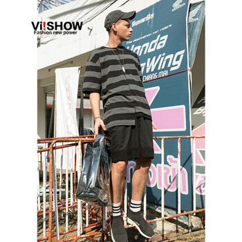 viishow 短袖 男士T恤 黑灰條紋 
