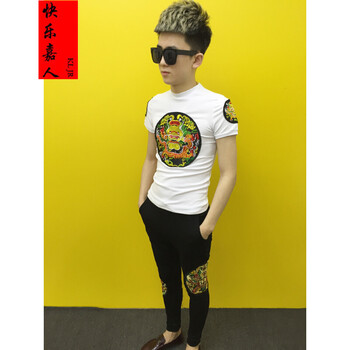快樂(lè )嘉人 短袖 男士T恤 白上衣黑龍褲套裝 S，XL，L，XXL，XXXL，M