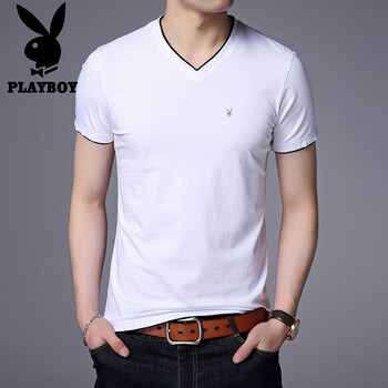 花花公子（PLAYBOY） 短袖 男士T恤 白色V領(lǐng)    