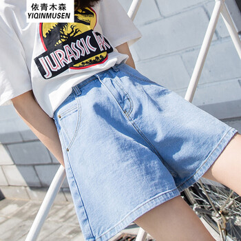 依青木森（YIQINMUSEN） 高腰 闊腳褲 女 熱褲 牛仔褲