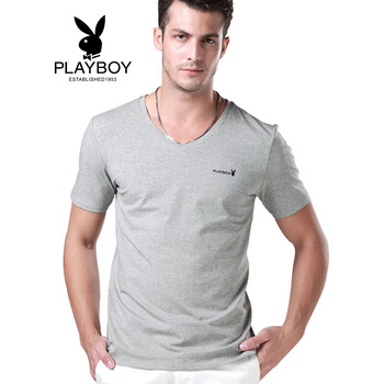 花花公子（PLAYBOY） 短袖 男士T恤 V領(lǐng)麻灰 