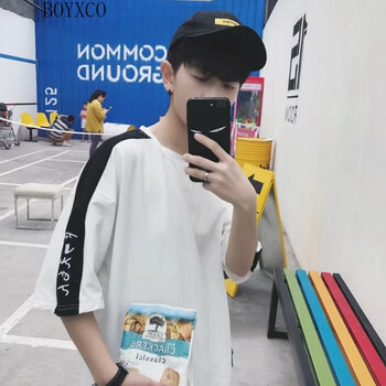BOYXCO 七分袖 男士T恤 間條刺繡五分袖白 S，XL，L，XXL，M