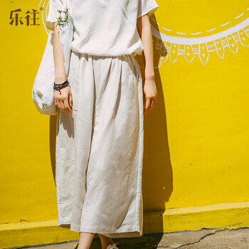 樂往 中腰 闊腳褲 女 九分褲 休閑褲