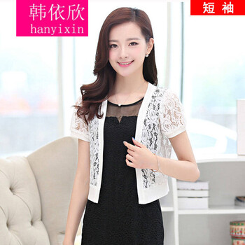 韓依欣 V領(lǐng) 短袖 女 短外套 拼接，蕾絲