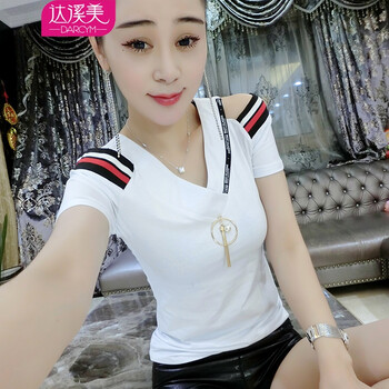 達溪美 拼接，明線裝飾，立體裝飾 短袖 T恤 女 V領(lǐng)