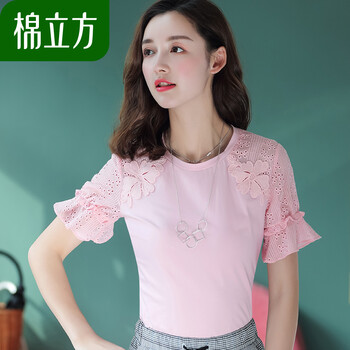 棉立方（MEFOUND） 刺繡，拼接，鏤空，蕾絲，紗網(wǎng) 短袖 T恤 女 圓領(lǐng)