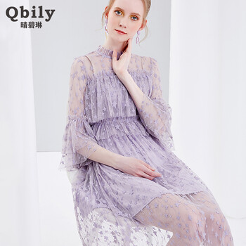 晴碧琳（qbily） 純色 拼接，褶皺，蕾絲 連衣裙