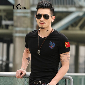 UYUK 短袖 男士T恤 V領(lǐng)胸前藍(lán)狼黑色 XL，L，XXL，M
