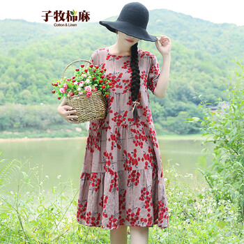 子牧棉麻 碎花  連衣裙